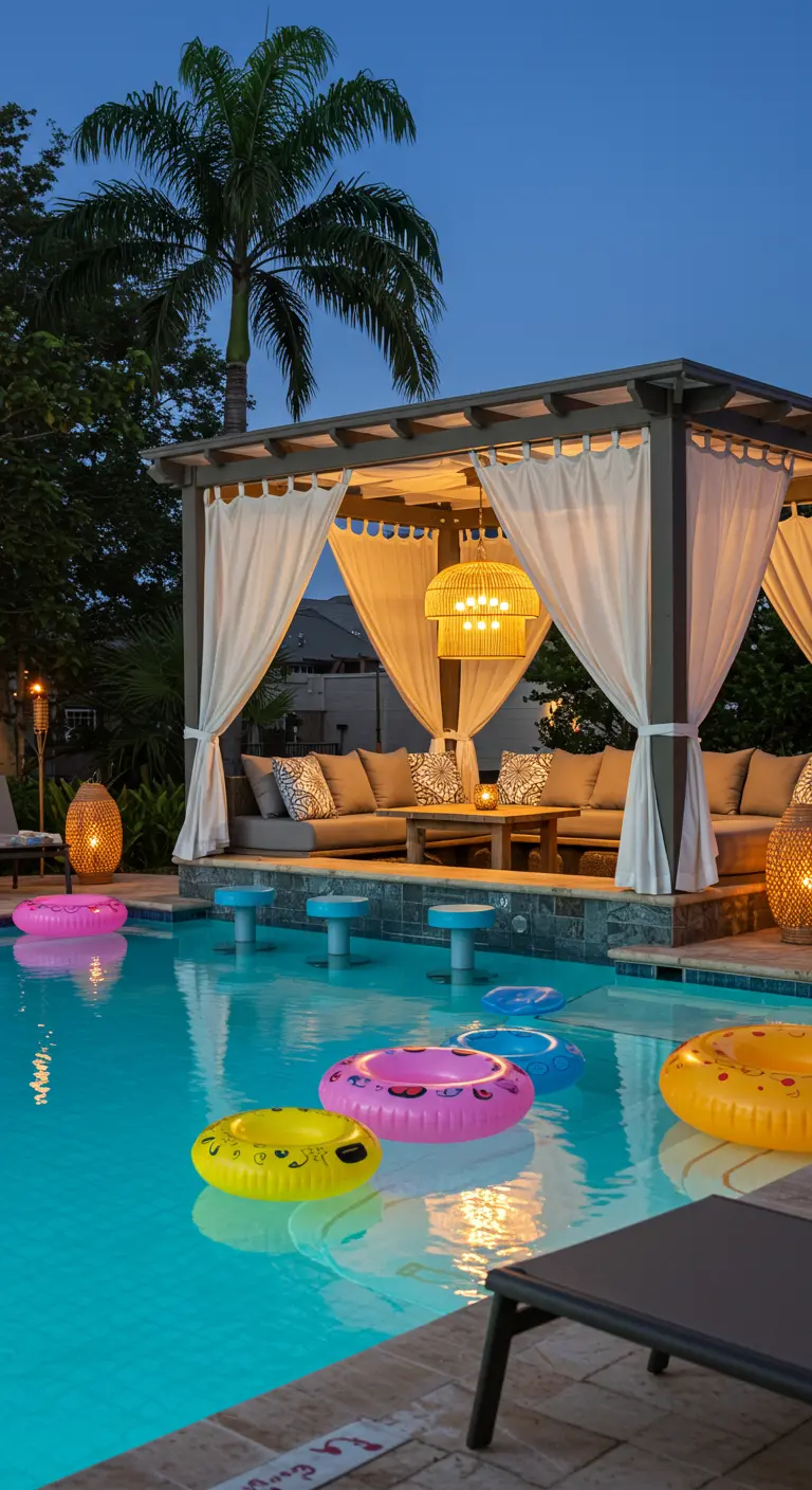 Poolside cabana with white curtains, a rattan chandelier, and colorful pool floats.
