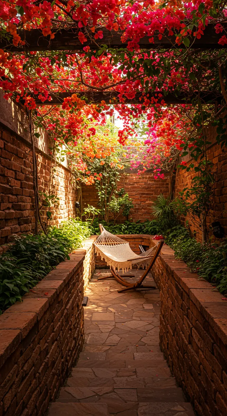 A hammock at the end of a long, narrow brick garden path under an arch of bougainvillea.