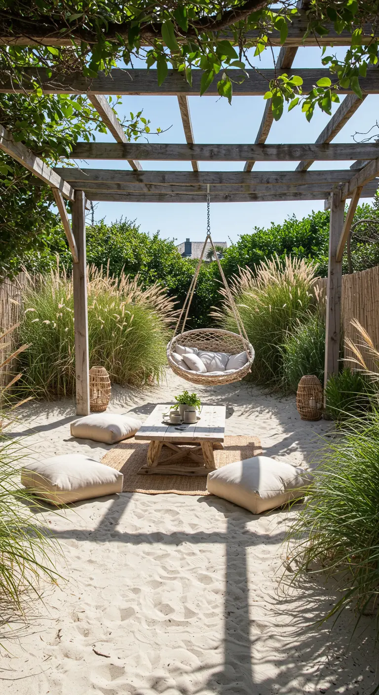 Sandy backyard seating area with a pergola, hanging chair, low driftwood table, and floor cushions.