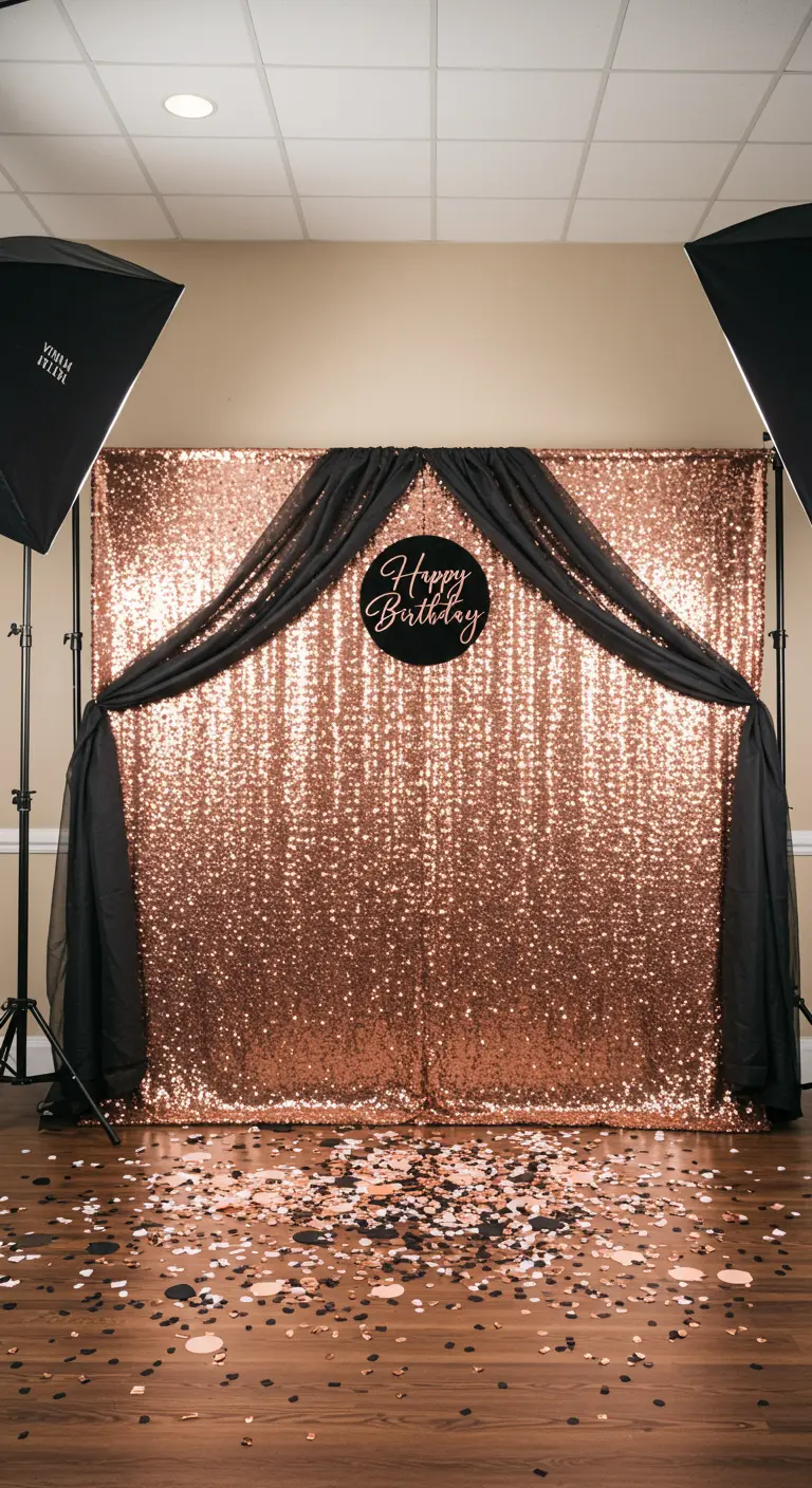 Rose gold sequin photo booth backdrop with black chiffon draping and confetti on the floor.