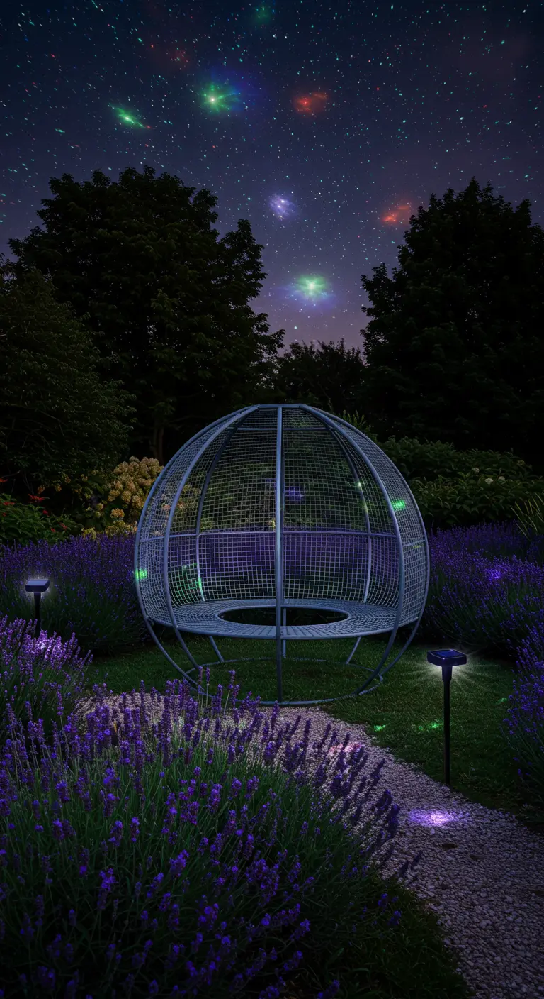 A spherical wire-frame bench in a garden at night, with stars projected around it.