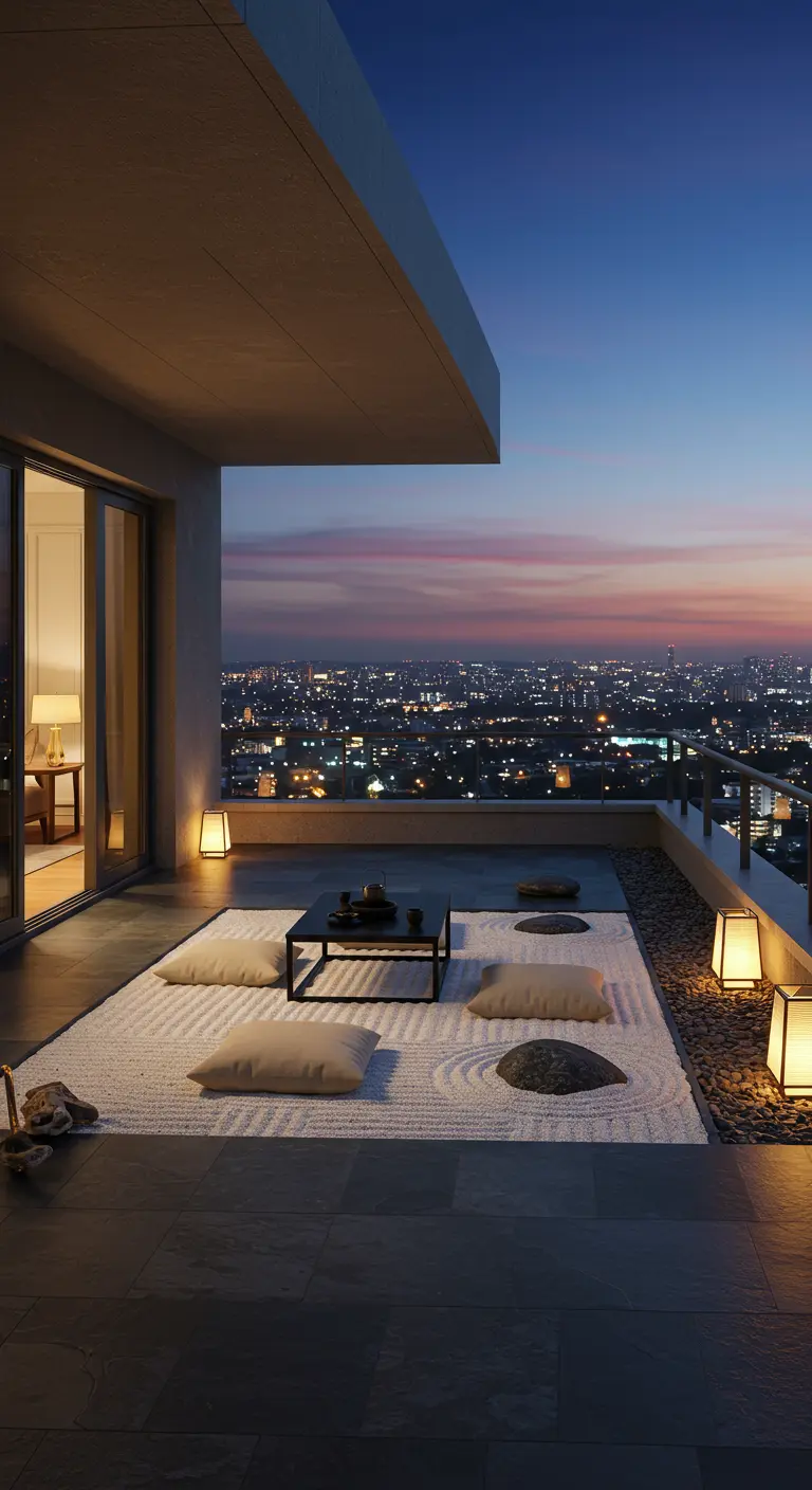 Balcony Zen garden with raked white sand, cushions, and lanterns overlooking a city at dusk.