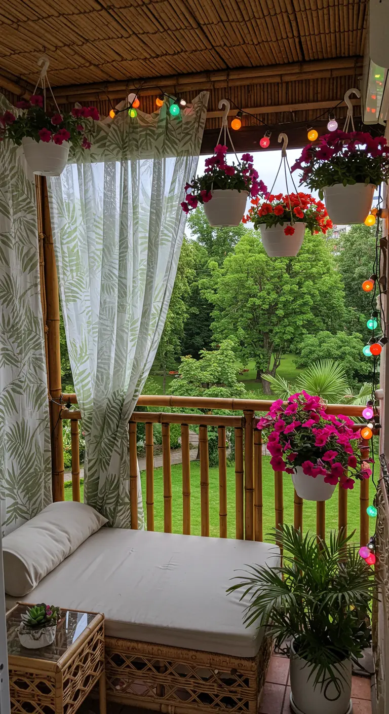 Tropical-themed balcony with bamboo screening, a daybed, and colorful hanging planters.