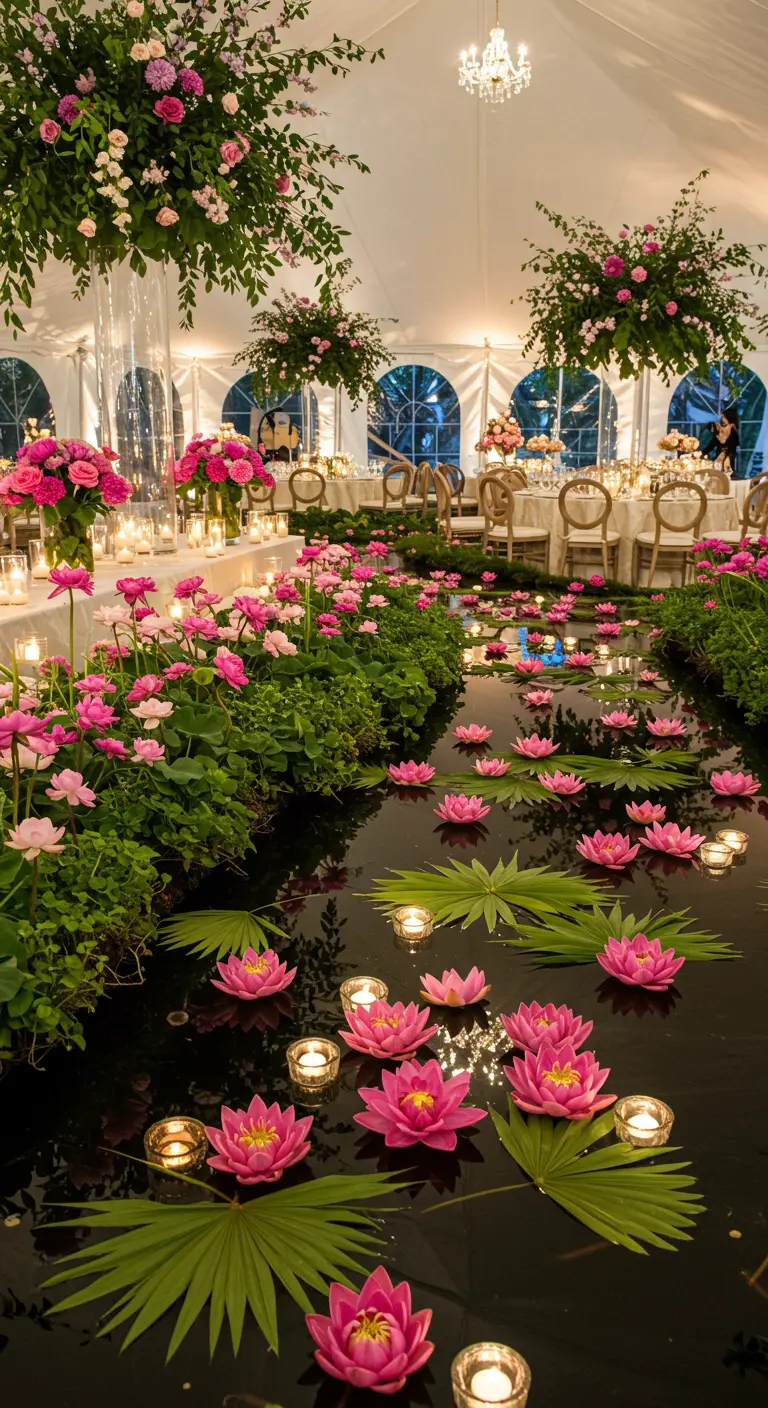 An indoor water feature at a wedding, filled with floating pink water lilies and candles.