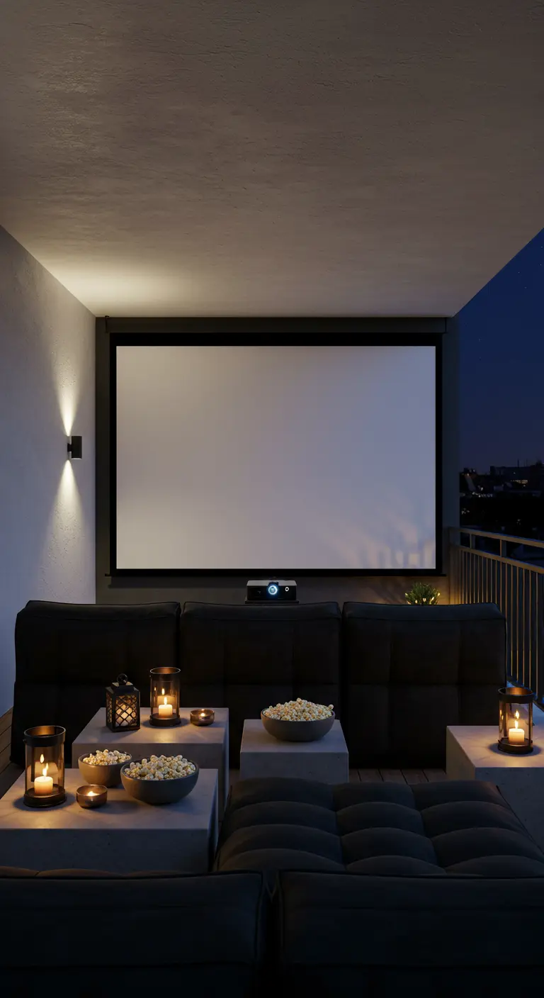 A balcony set up as an outdoor cinema with a projector screen, black sofa, and lanterns.