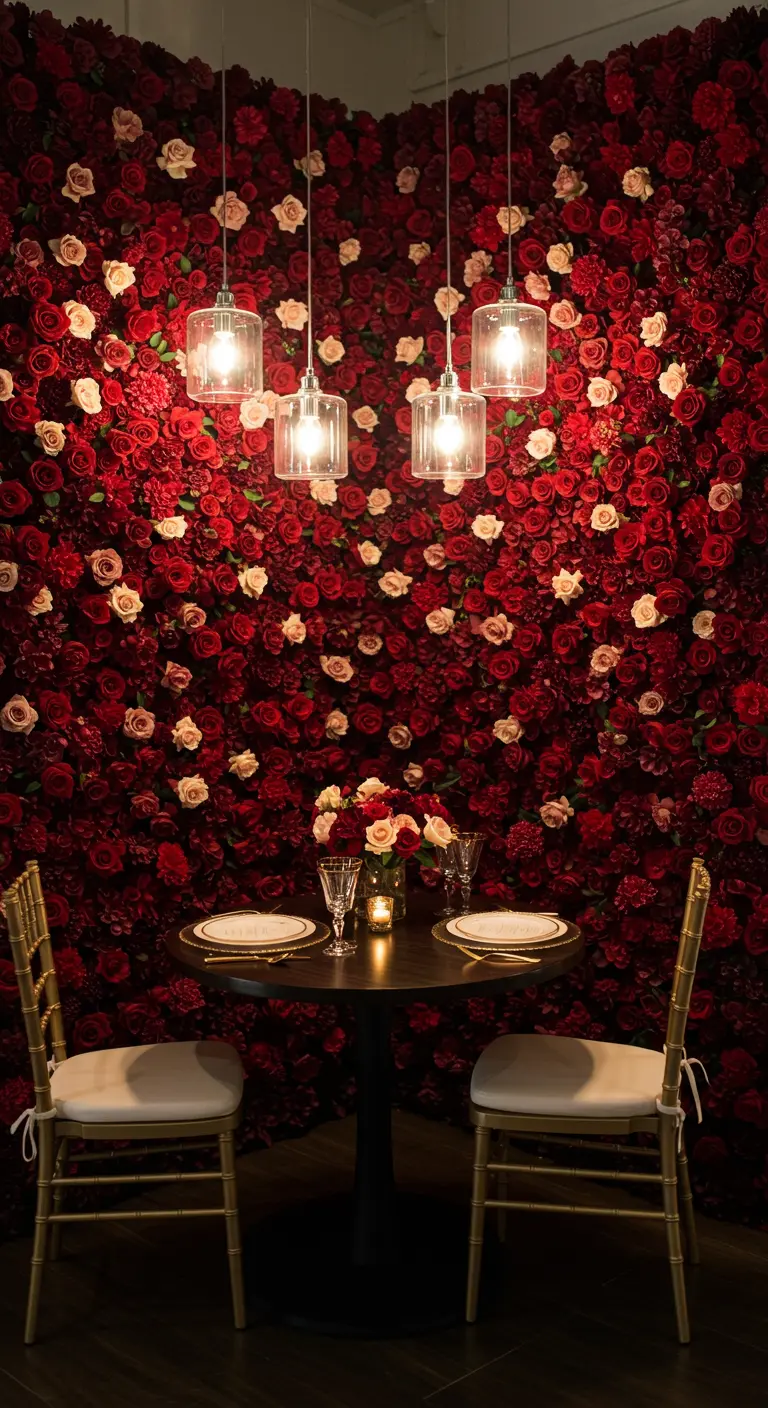An intimate dinner table for two set against a dramatic wall of red roses.