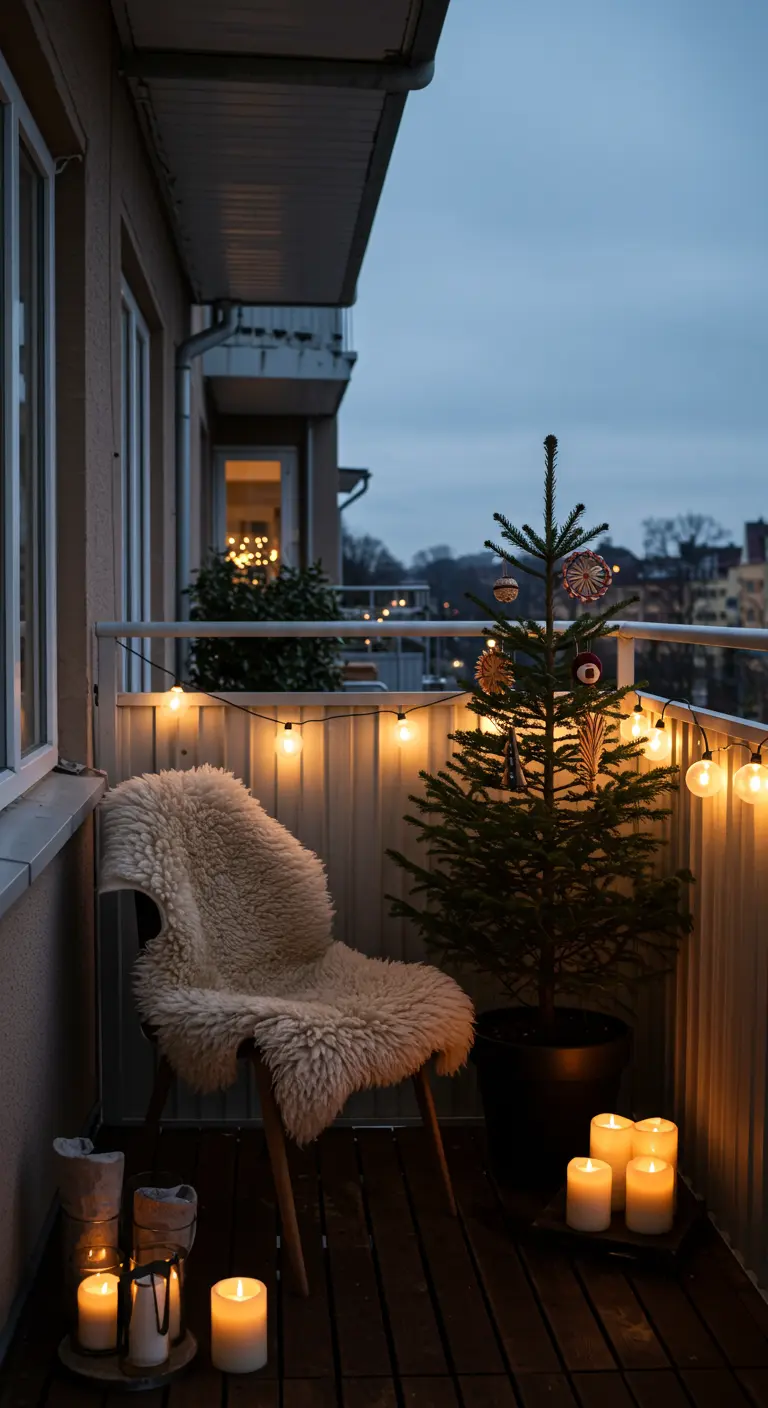 A cozy winter balcony with a sheepskin-draped chair, a small tree, and warm lights.