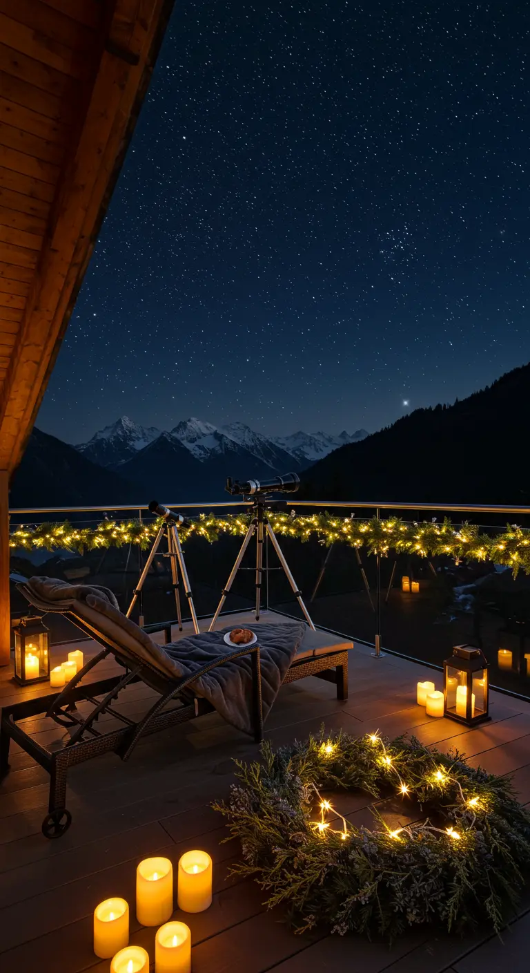 A balcony at night set up for stargazing with loungers, candles, and a telescope.