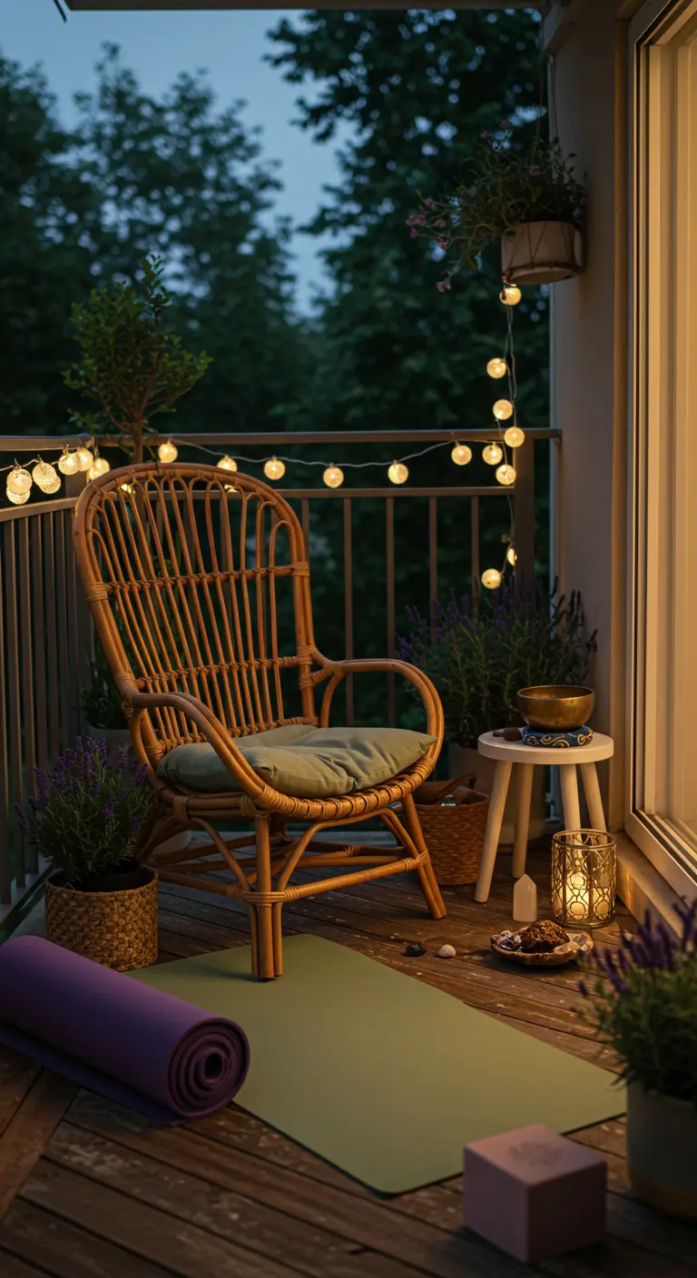 A yoga mat and lavender plants on a balcony with a rattan chair, set up for meditation.