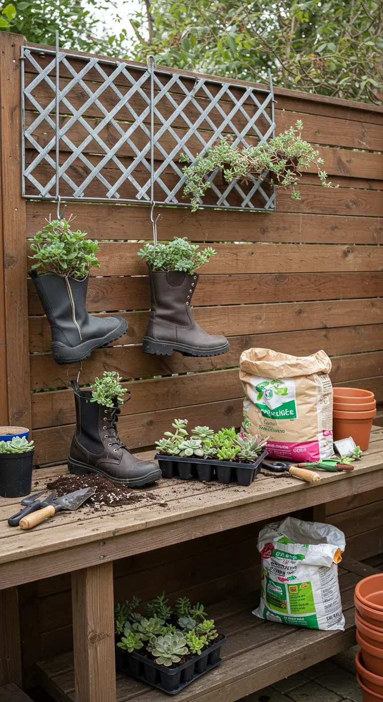 A potting bench with soil, tools, and boots being planted with new succulents.