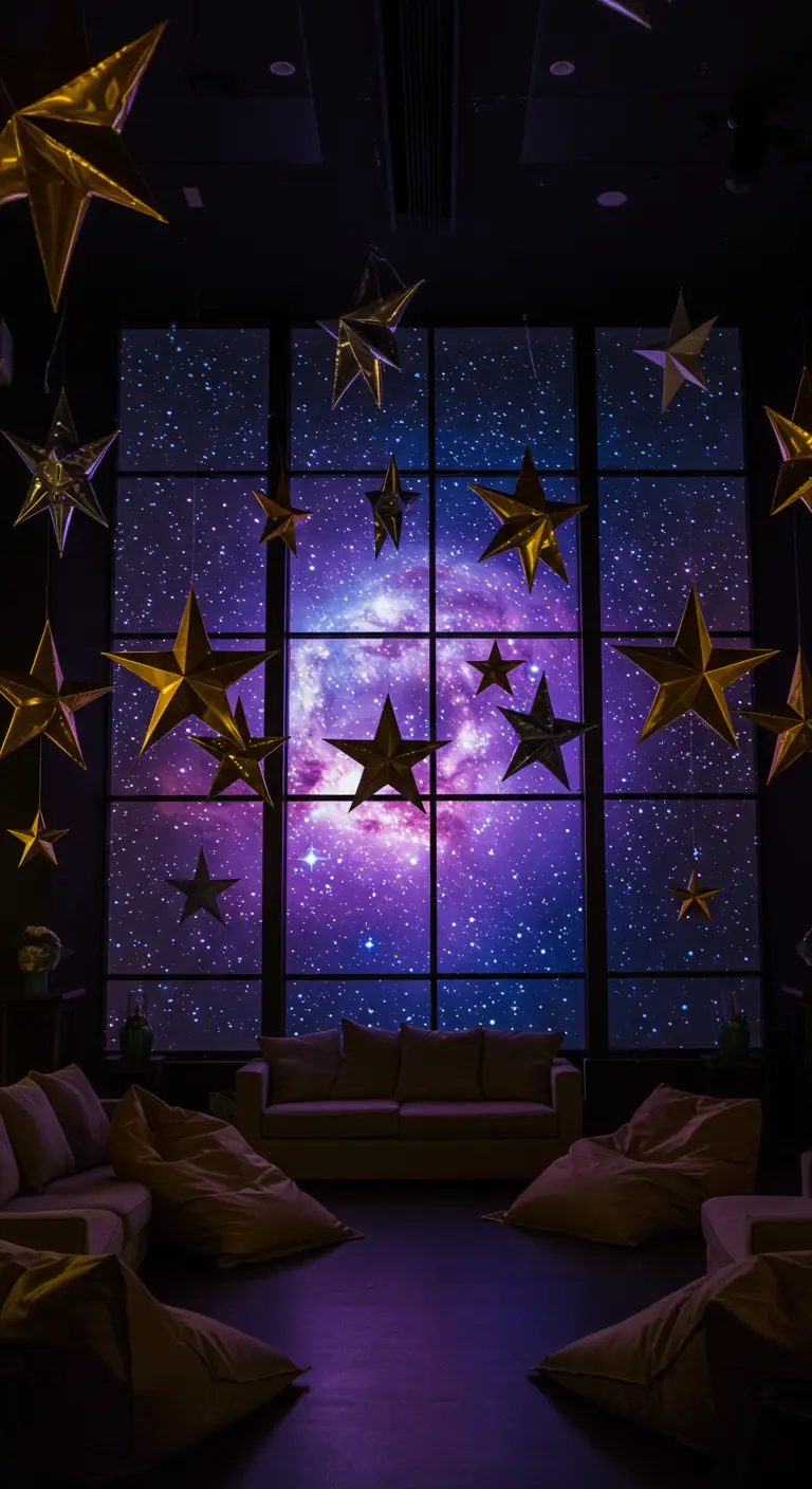 A room with gold foil stars hanging in front of a large window displaying a vibrant galaxy projection.