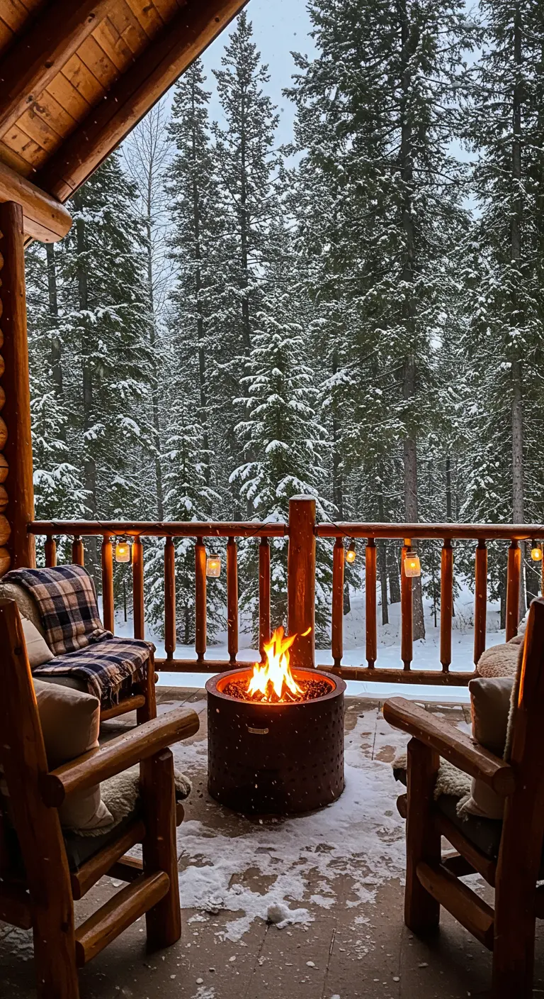 A cozy, snowy log cabin porch with a fire pit, wooden chairs, and mason jar lights.