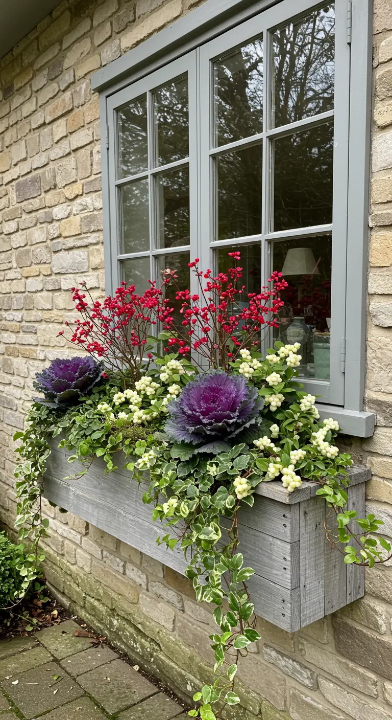 A grey wooden window box with purple kale, red berries, and trailing ivy.