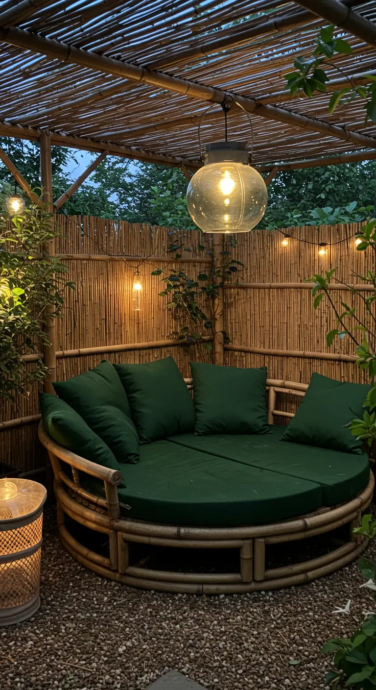 A round bamboo daybed with green cushions in a cozy nook with a bamboo screen and hanging light.