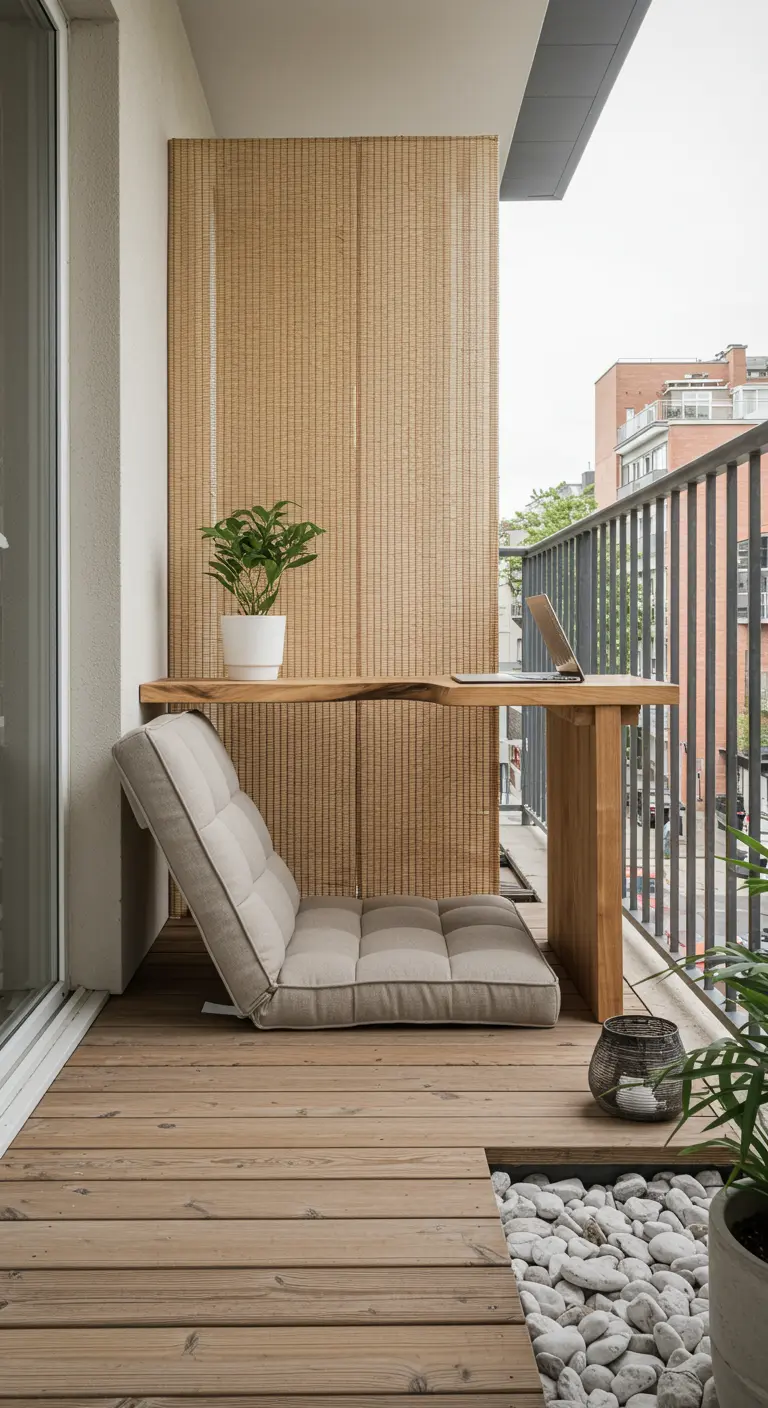 Balcony workspace with a wooden live-edge desk, a floor chair, and a small plant.