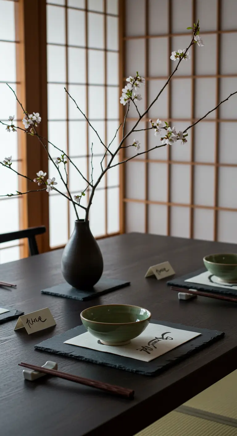 Minimalist Japanese-style table with a single cherry blossom branch in a dark vase.