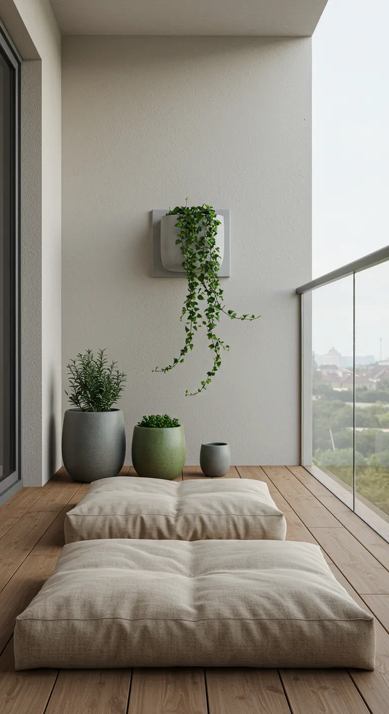A minimalist balcony with two floor cushions, three modern pots, and a single trailing plant.