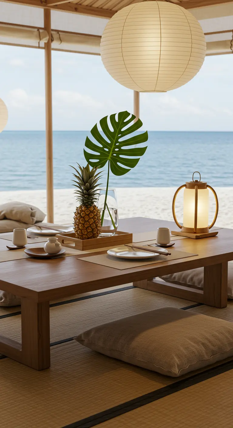 Minimalist beachside table with a single pineapple, monstera leaf, and floor cushions