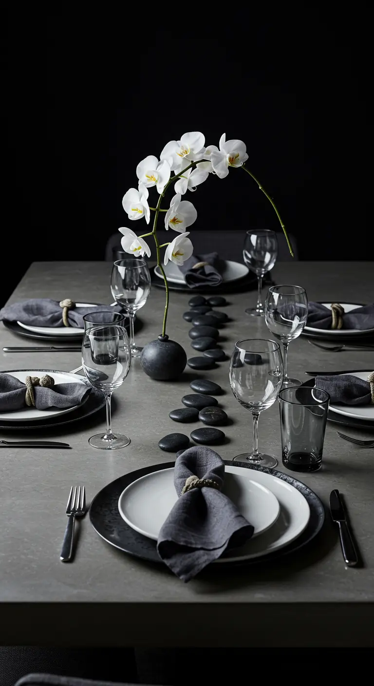 Minimalist monochrome table with grey linens, black stones, and a single white orchid.