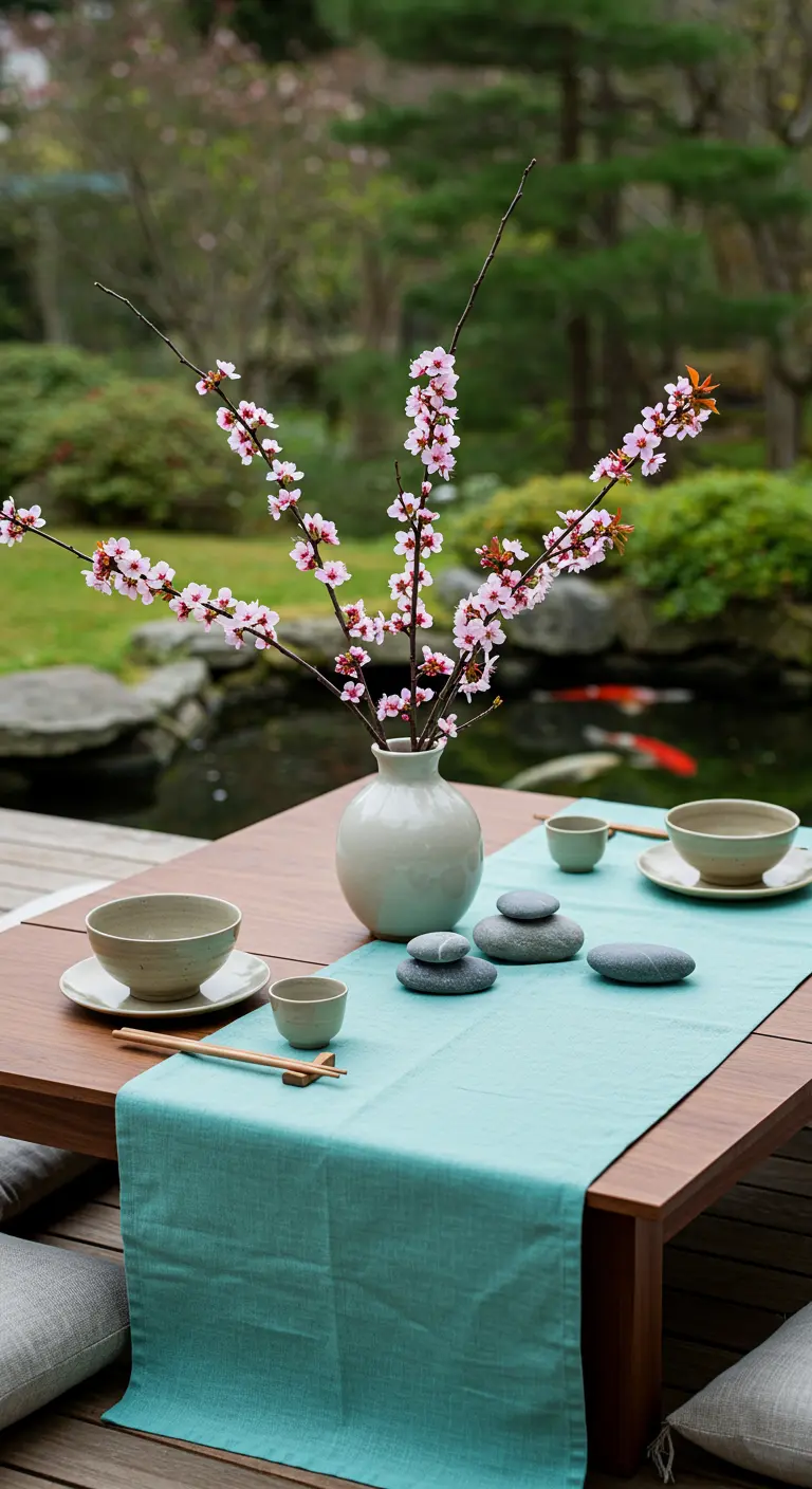 Japanese-inspired table with cherry blossom branches, a teal runner, and zen stones.
