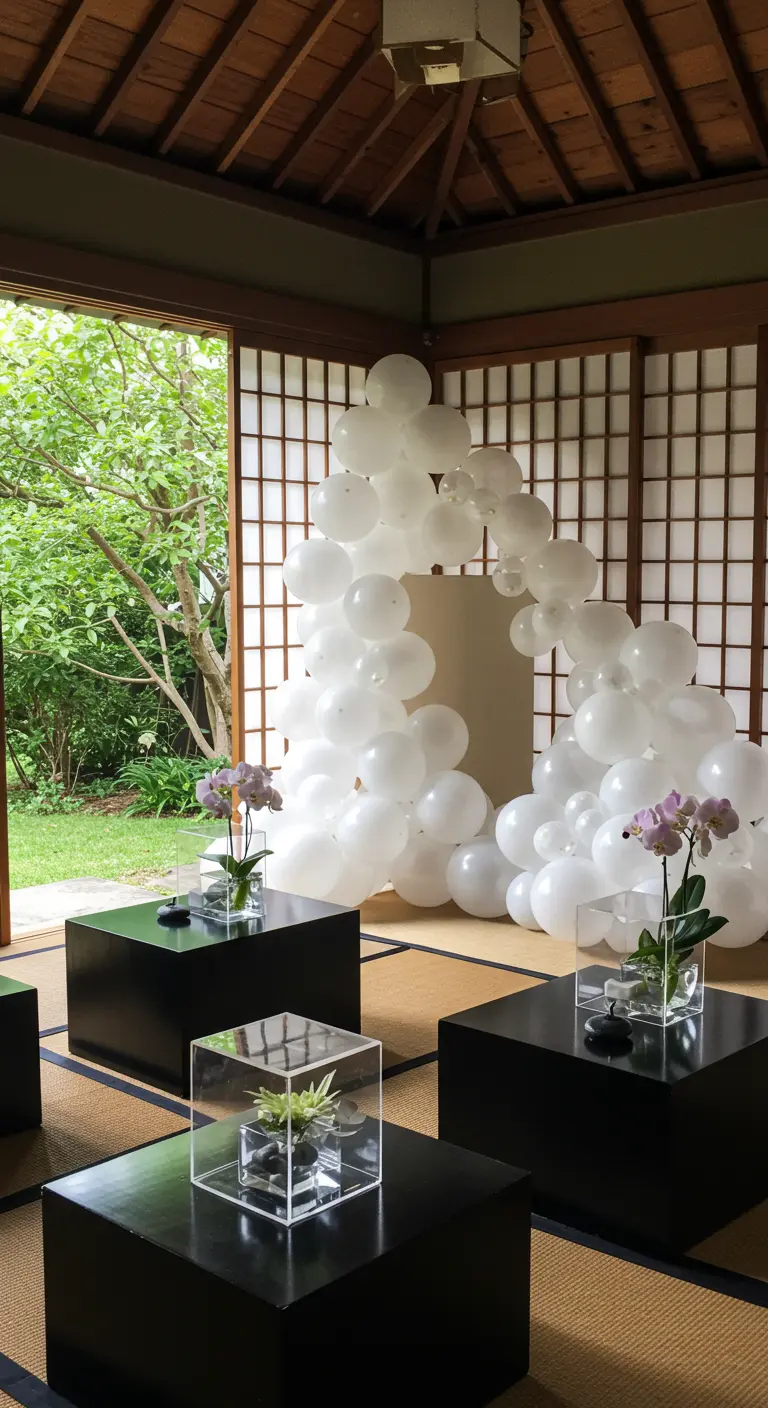All-white balloon arch in a minimalist room with black tables and tatami mats.
