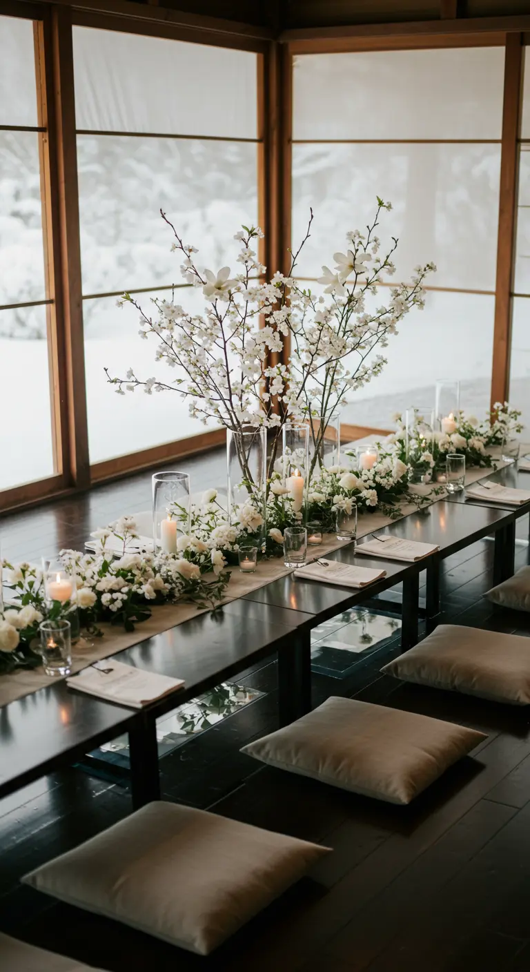 Japanese-style low table with floor cushions, a white floral runner, and cherry blossom centerpieces.