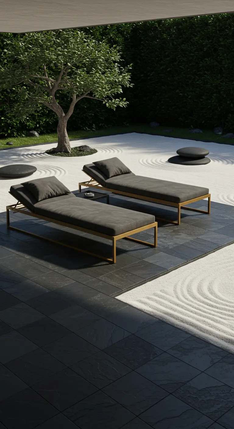 Two minimalist gray chaises with gold frames in a Japanese-style Zen garden.