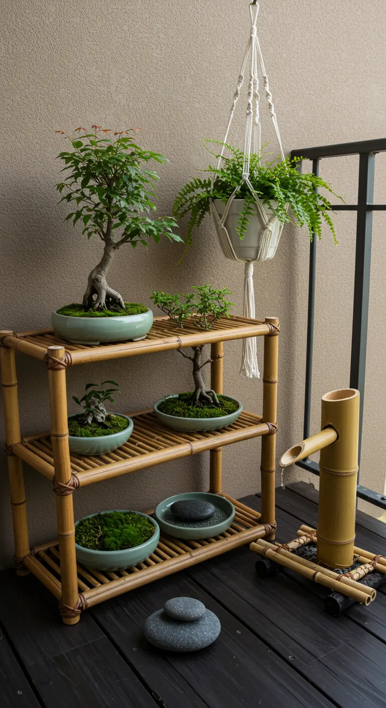 Japandi-style balcony with a bamboo shelf holding bonsai trees.