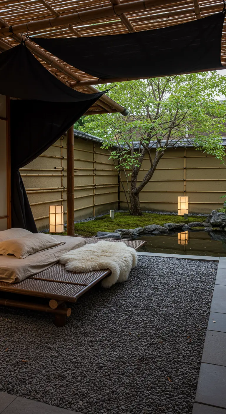 A low bamboo bed in a Japanese-style courtyard with a small pond and paper lanterns.