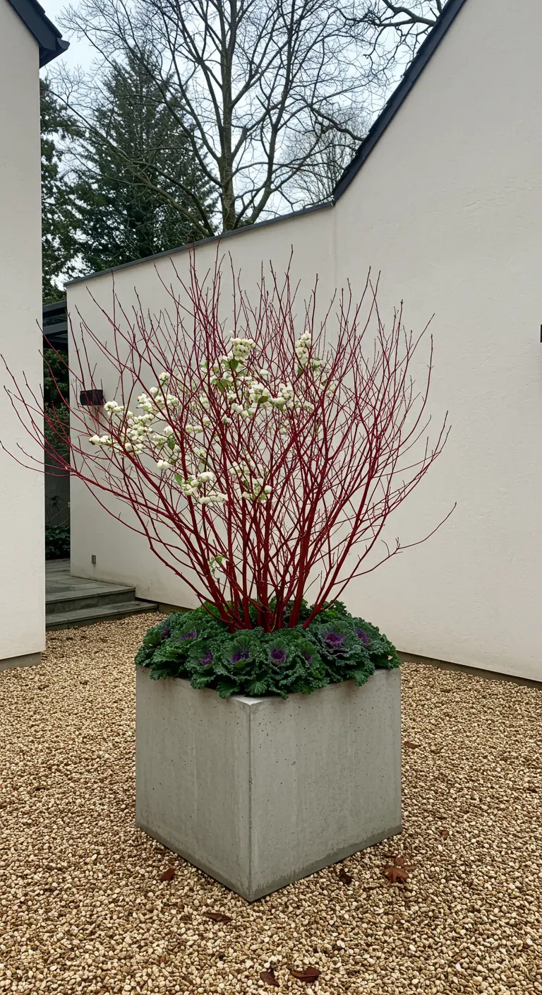 A square concrete planter with red dogwood and a base of purple kale.