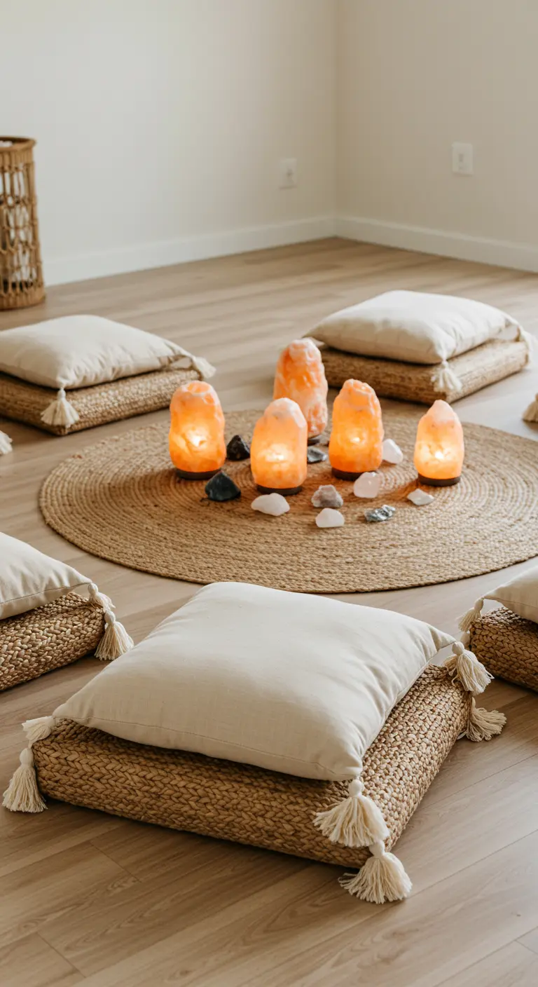 A circle of floor cushions on woven mats with glowing salt lamps in the center.