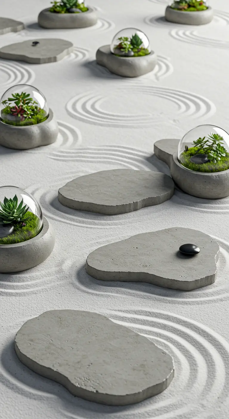 Smooth, organic stepping stones and succulent terrariums in a raked white sand zen garden.