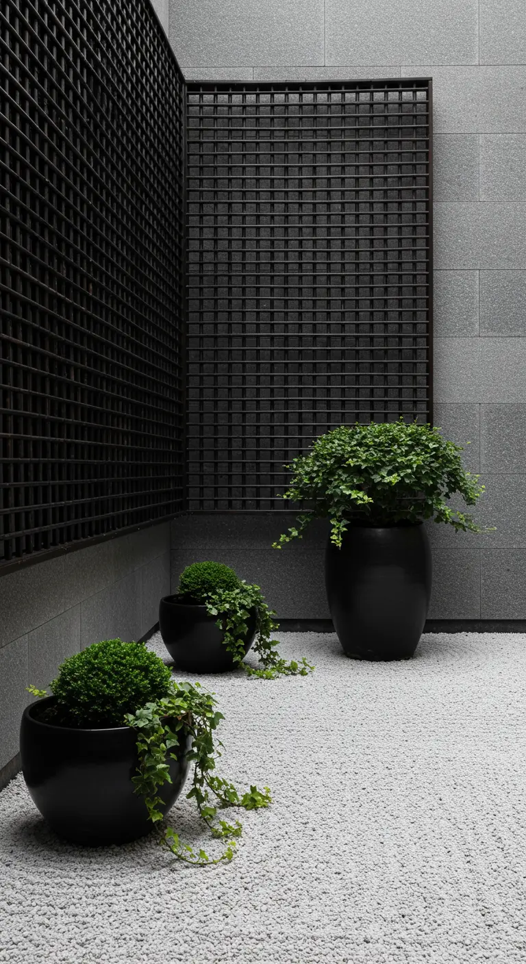 A minimalist zen garden with black grids, black pots, and white gravel.