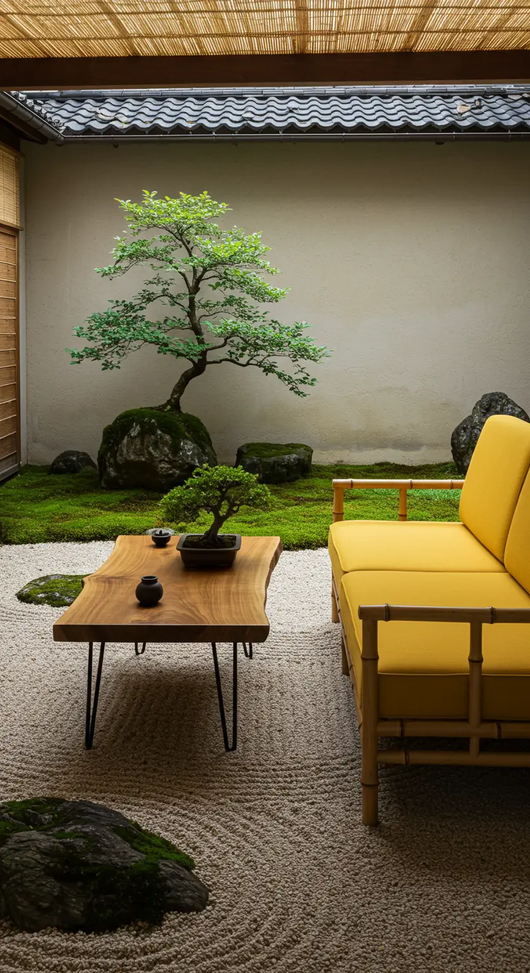 A minimalist mustard sofa in a Japanese-style Zen garden with raked sand and a bonsai tree.
