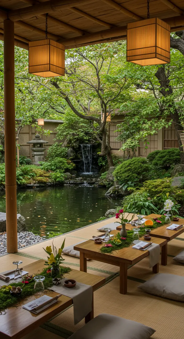 Japanese garden with low tables set for dinner overlooking a pond.