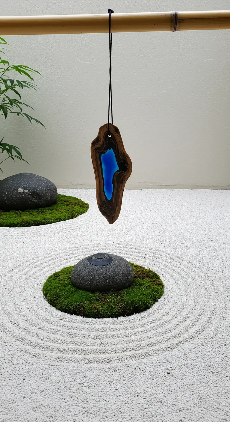 A small driftwood and blue resin ornament hanging low in a Japanese Zen garden.
