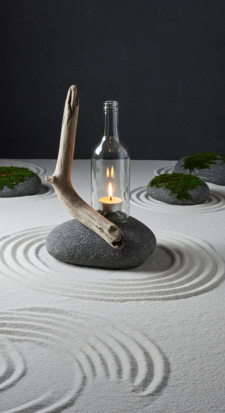 A clear wine bottle lantern with driftwood on a stone in a miniature zen garden.