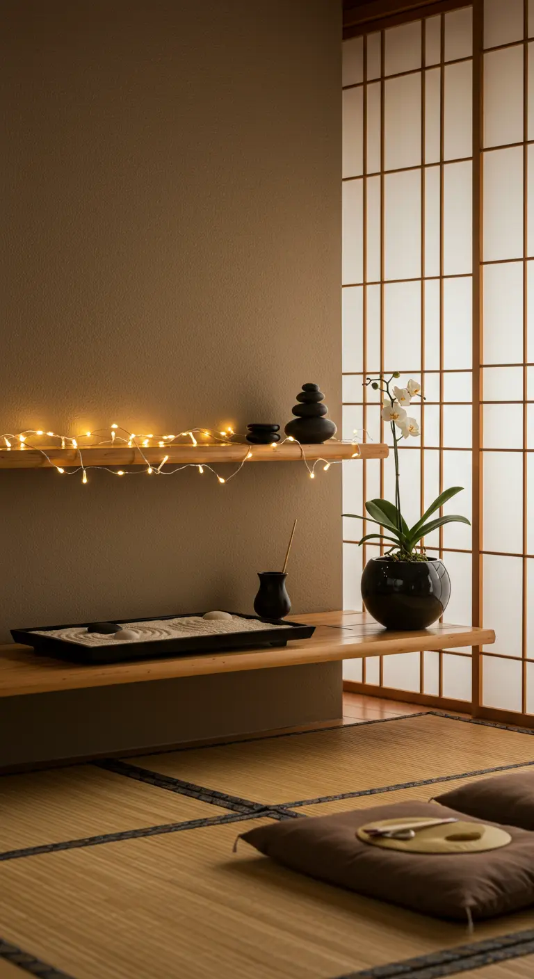 Zen-inspired floating shelves with an orchid, stacked stones, and fairy lights.