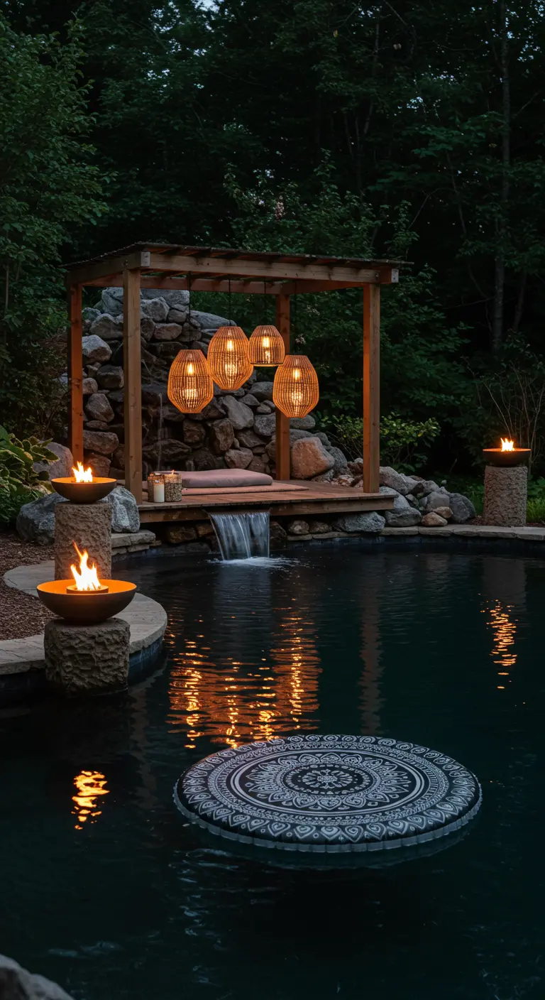 Natural stone pool with a waterfall, rattan pendants, and fire bowls.