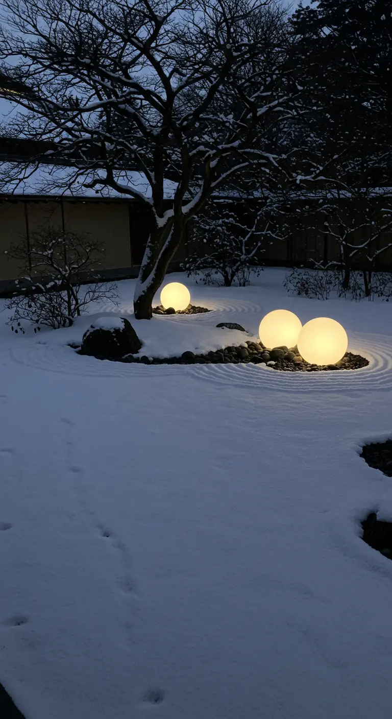 Glowing orbs in a snow-covered Japanese Zen garden at twilight.