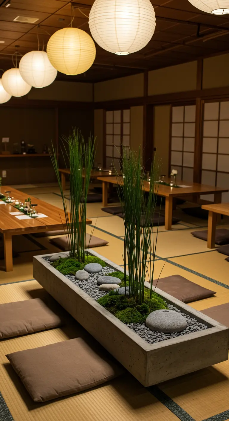 A long concrete planter with moss, stones, and tall grass in a Japanese-style room.