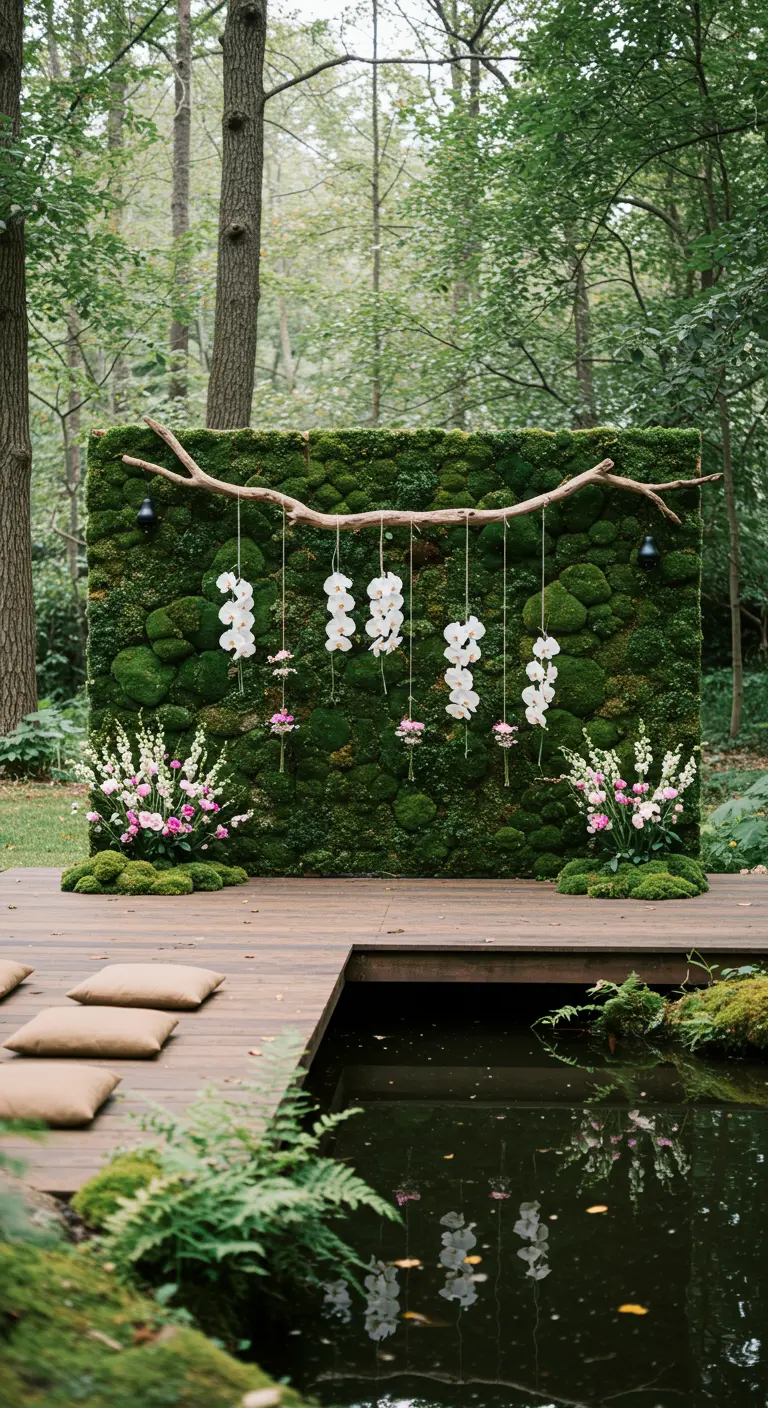 A minimalist moss wall with a branch from which white orchids are hanging over a wooden deck.