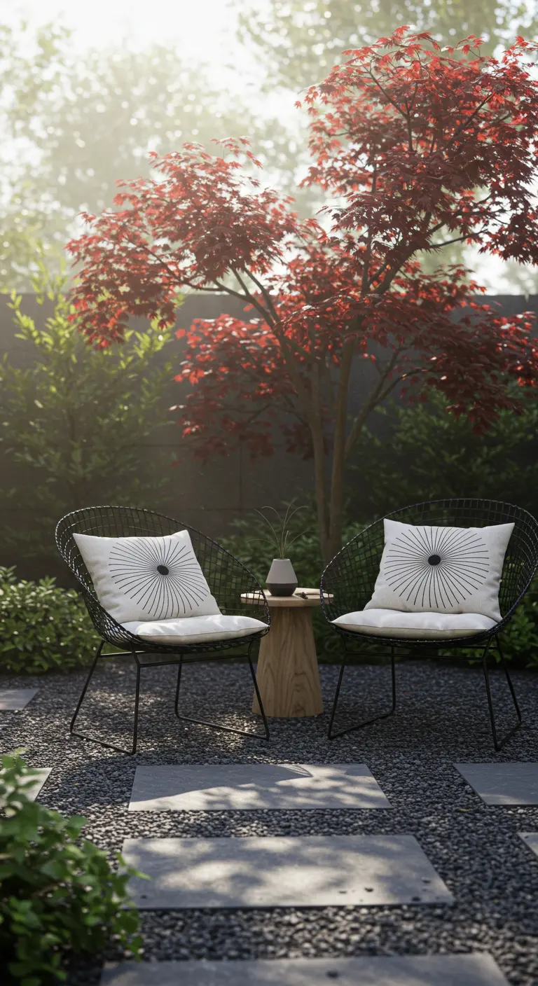 Two black wireframe chairs with white sunburst cushions facing a Japanese Maple in a modern zen garden.