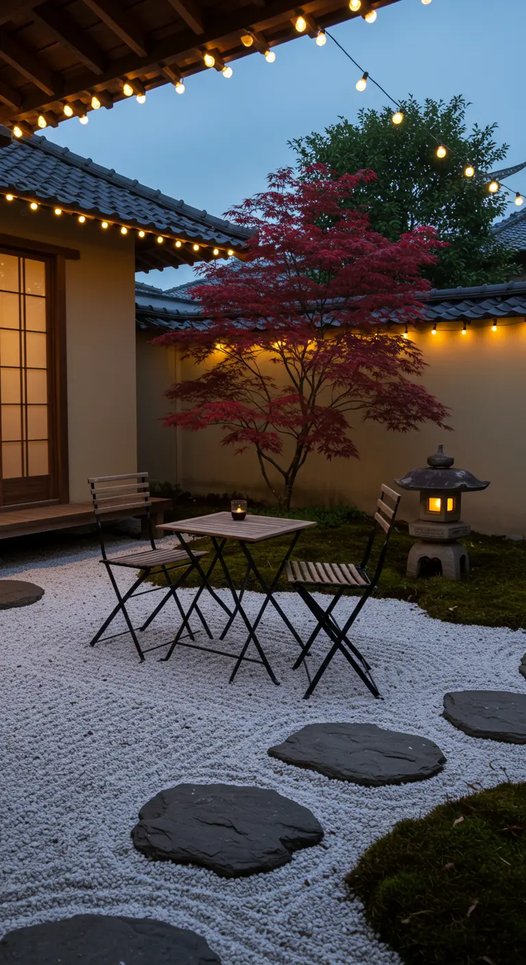 A Japanese Zen garden at dusk with a bistro set on raked gravel and a red maple tree.