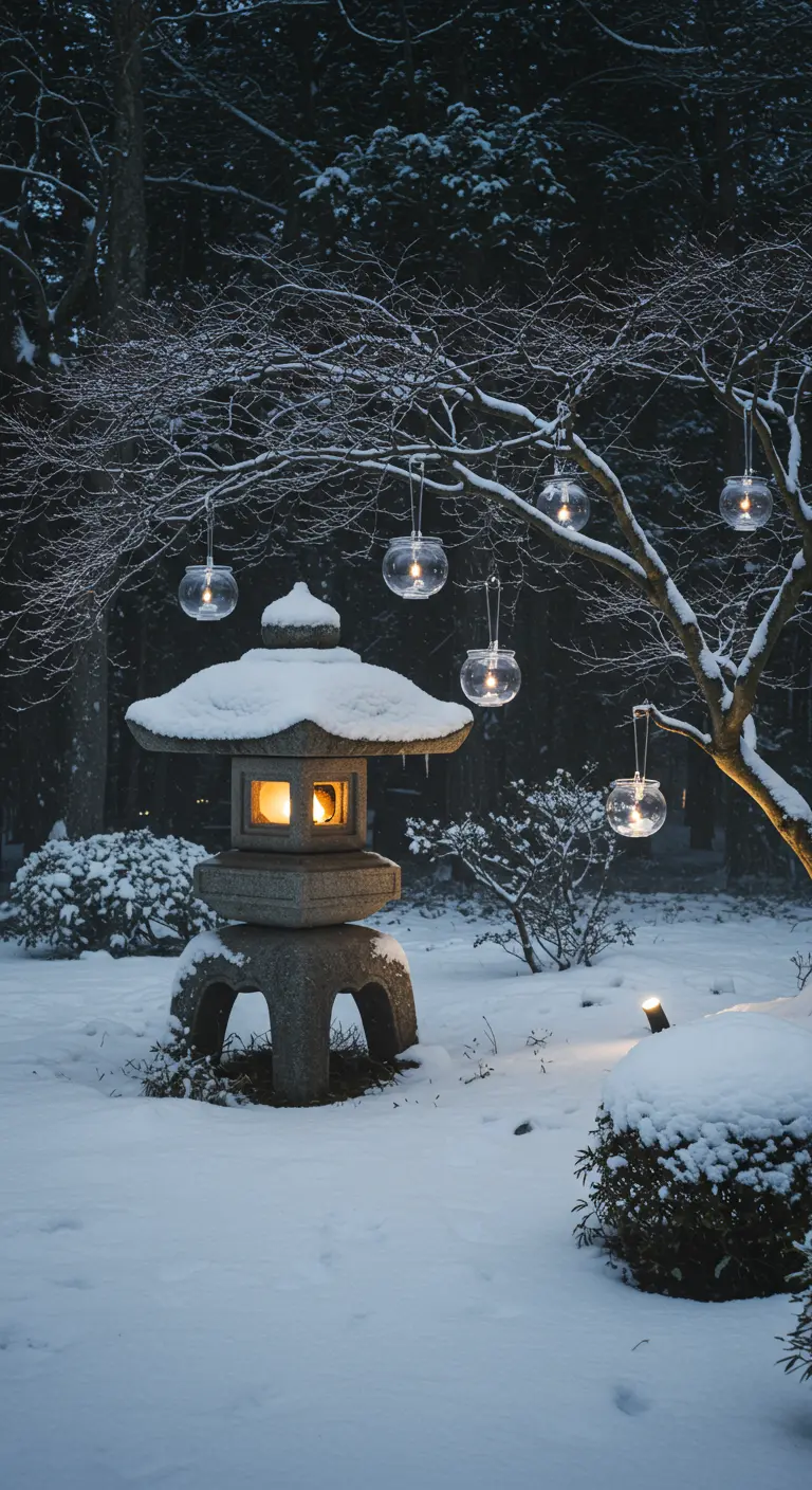 A snow-covered Japanese stone lantern is surrounded by delicate glass orb lights hanging from a tree.