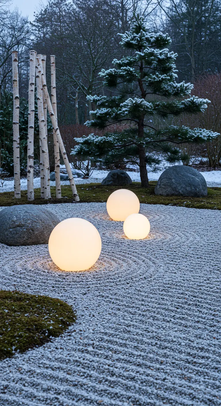 A zen garden with raked gravel, large stones, and three glowing orbs of different sizes.