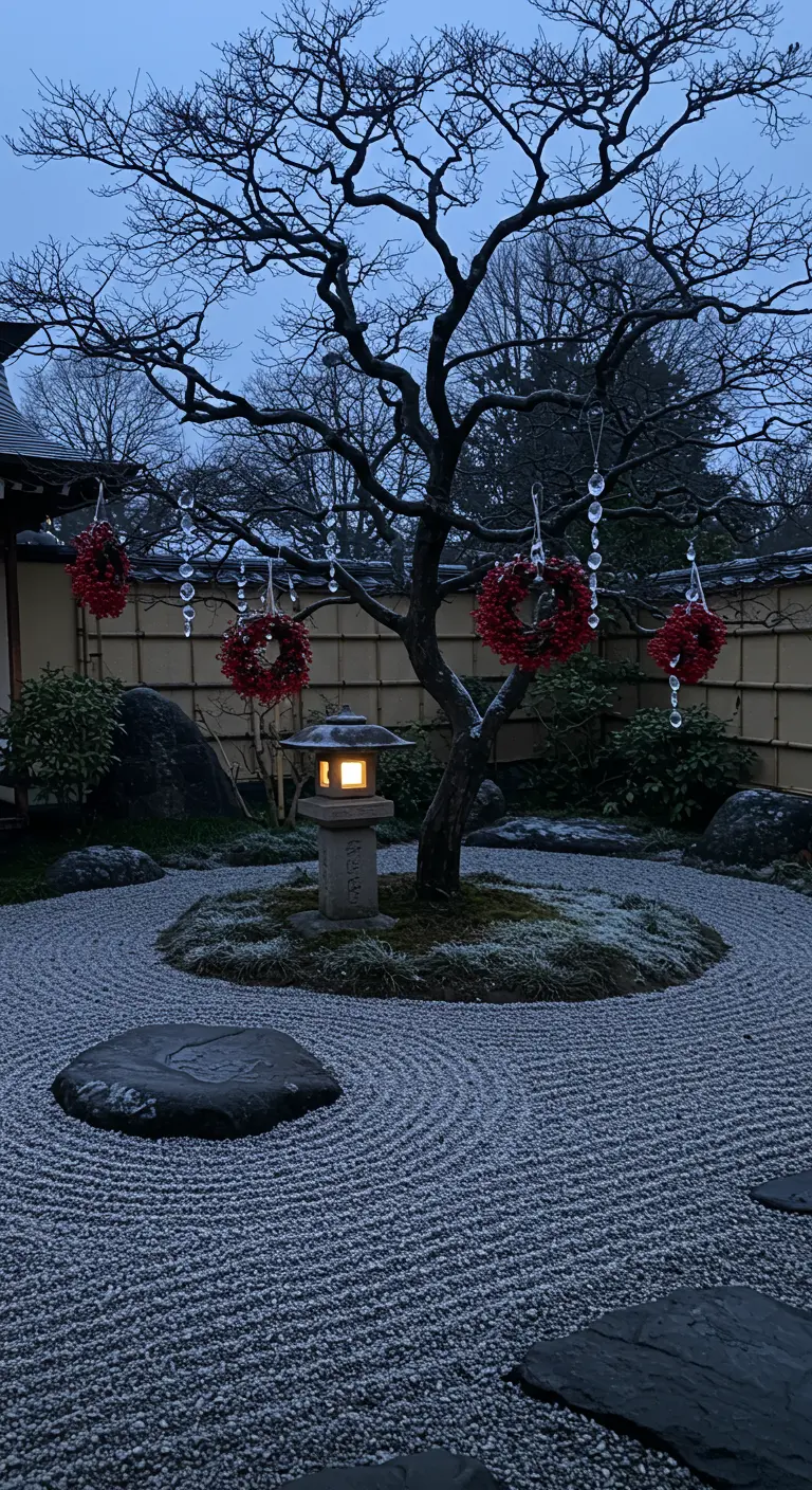 A serene zen garden in winter with a sculptural tree decorated with small red wreaths and crystals.