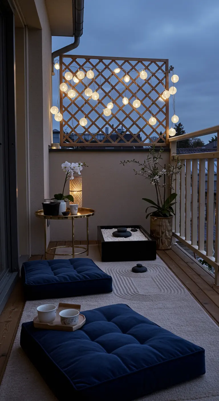 Balcony with a mini Zen garden, illuminated orbs, blue floor cushions, and an orchid.