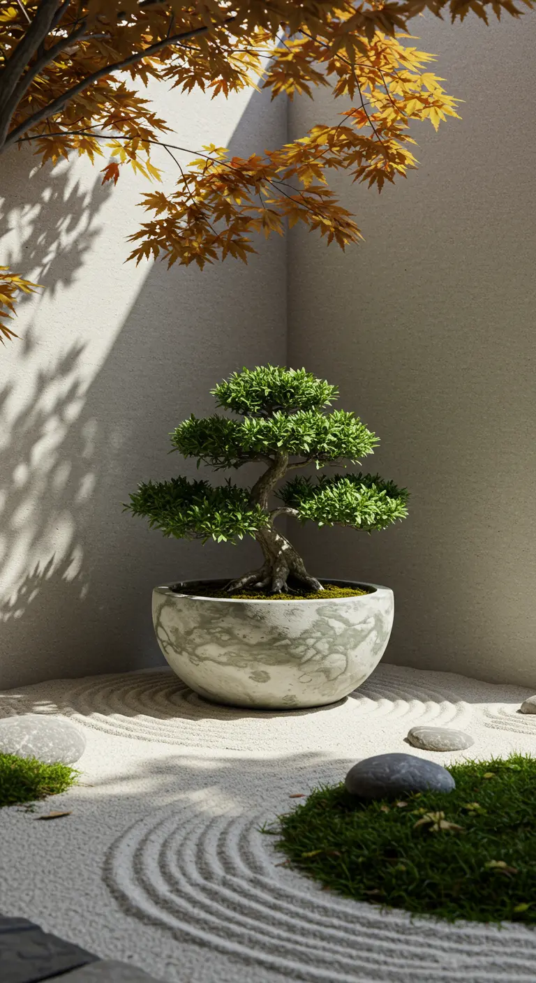 A bonsai tree in a subtly marbled white and gray bowl, set in a zen sand garden.