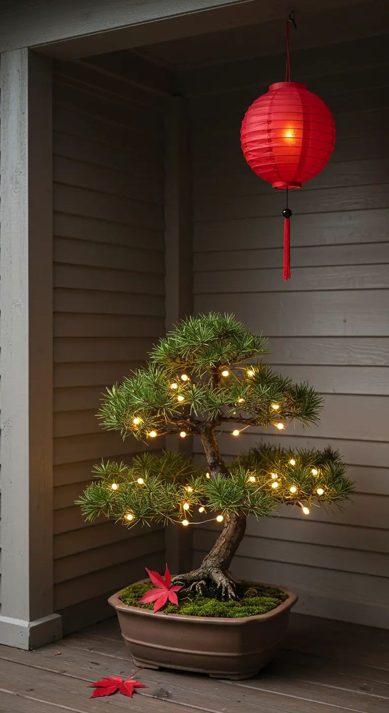 A lit bonsai tree in a shallow pot with a red paper lantern hanging above.